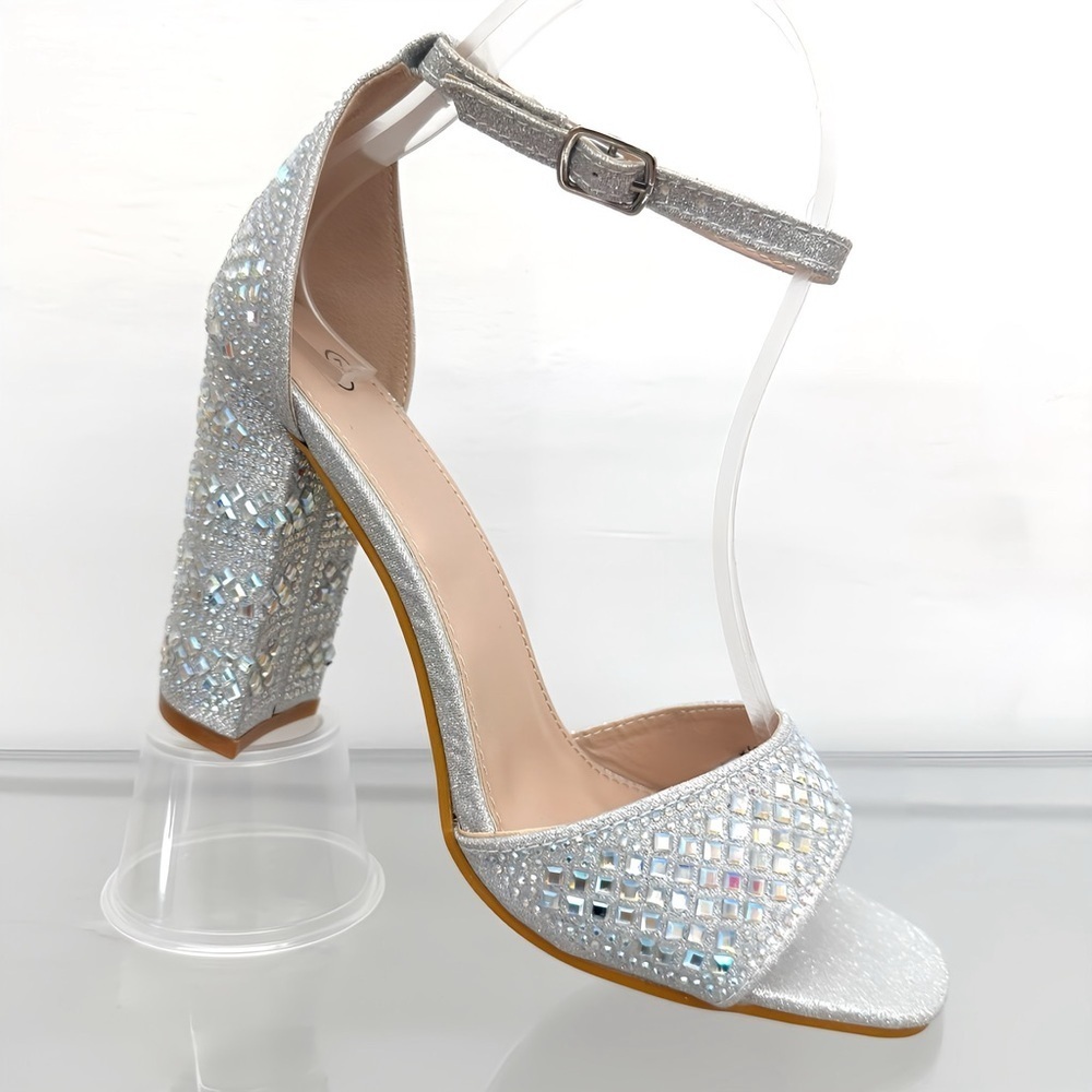 Silver Rhinestones Open Toe Heels - Picture 6 of 6